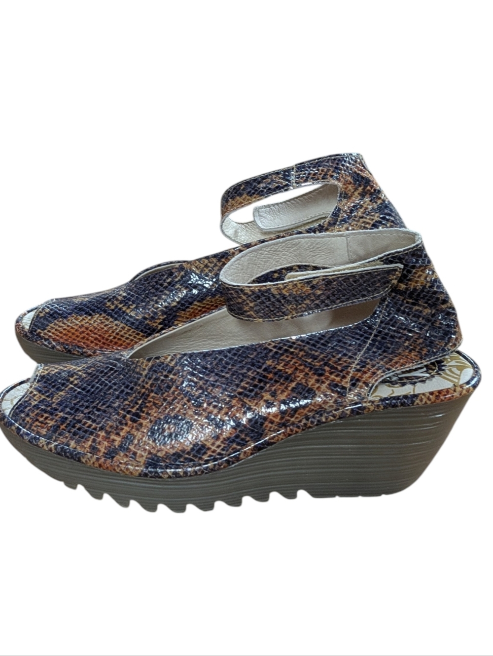 Fly London Yala Snake Print Ankle Strap Peep Toe Wedge Sandal Size 40
